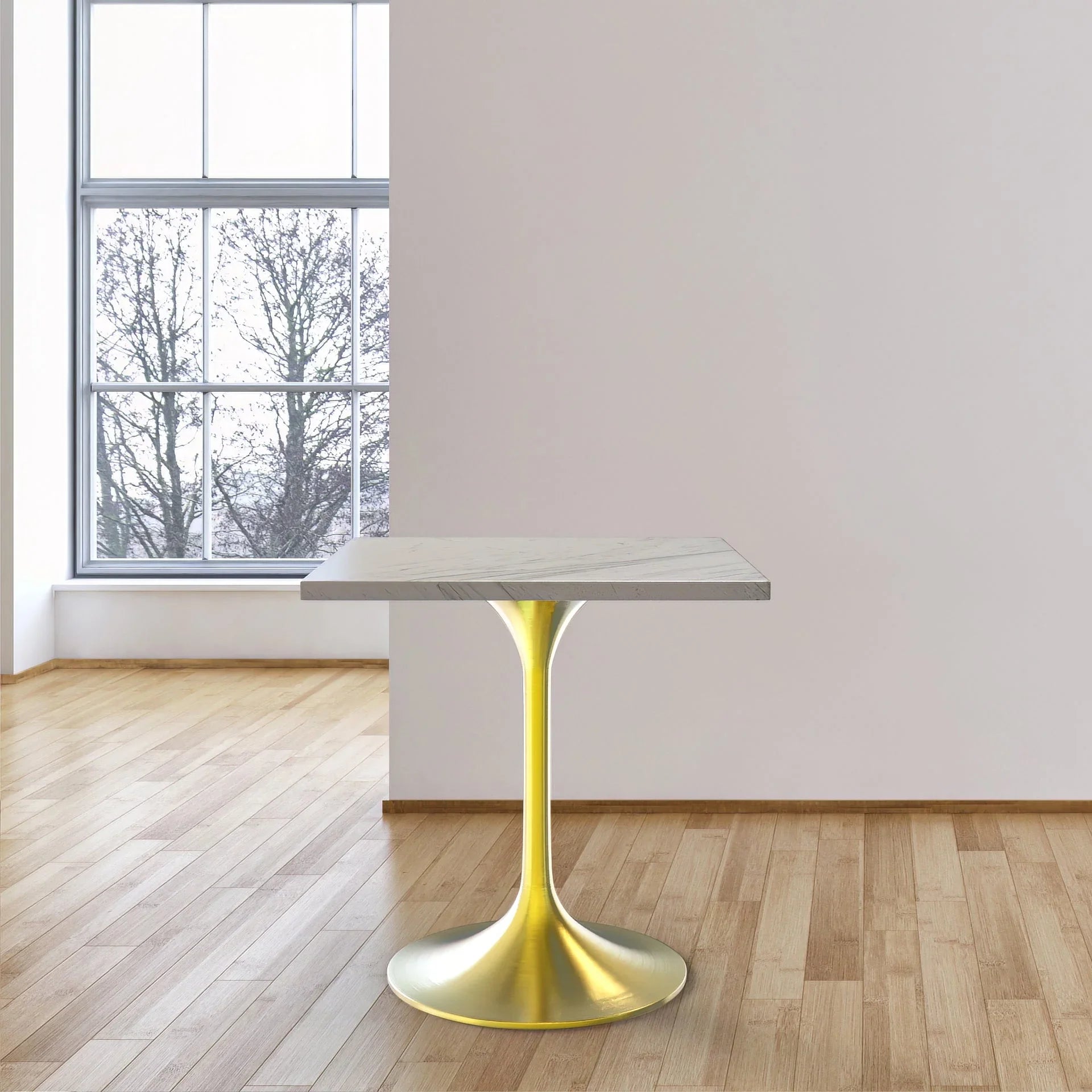Verve Square Dining Table with a Laminated White Marbleized Tabletop and Brushed Gold Stainless Steel Base - Elax Furniture