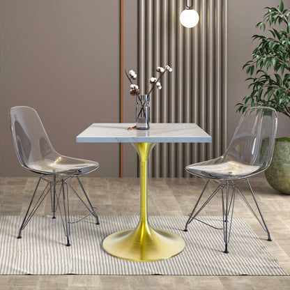 Verve Square Dining Table with a Laminated White Marbleized Tabletop and Brushed Gold Stainless Steel Base - Elax Furniture