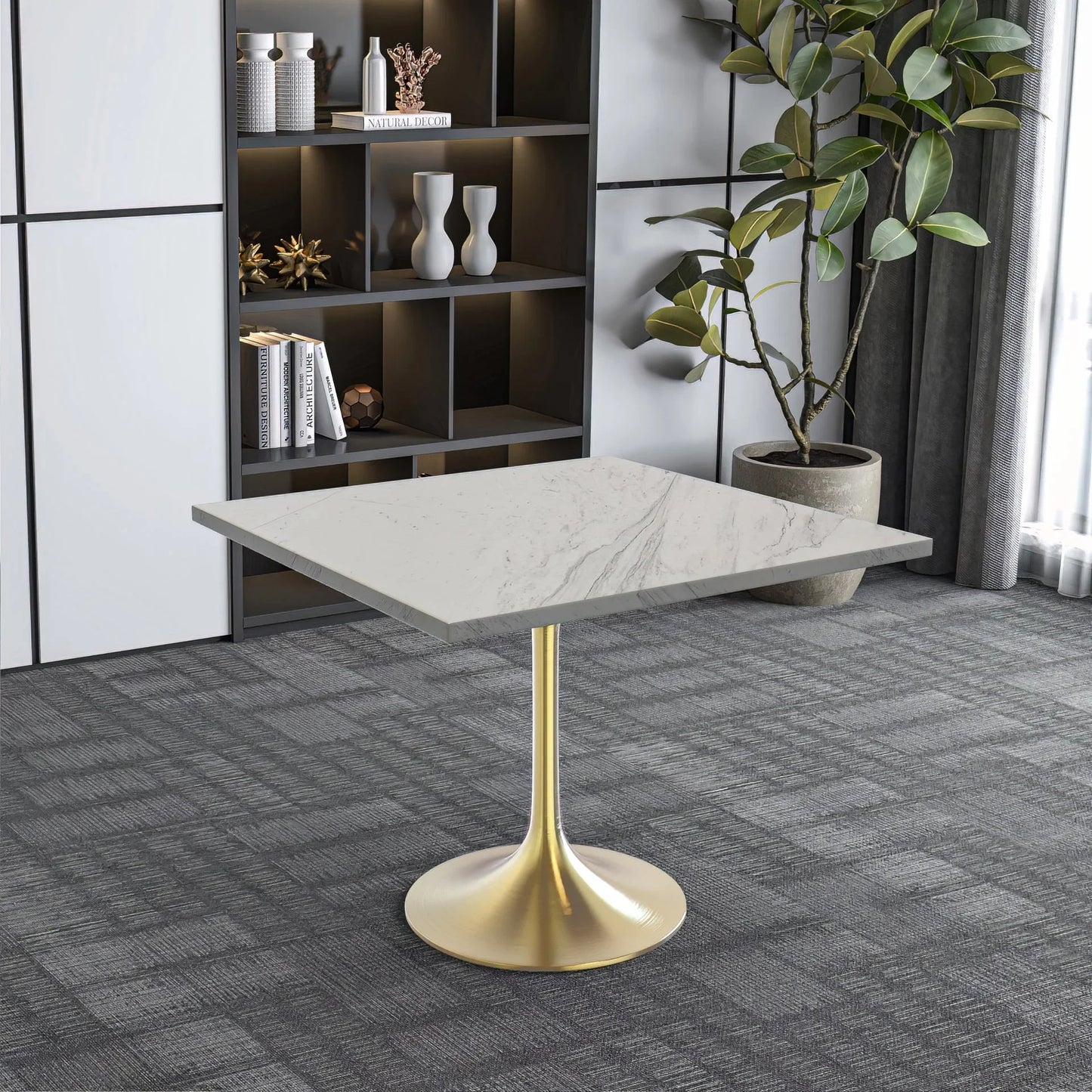 Verve Square Dining Table with a Laminated White Marbleized Tabletop and Brushed Gold Stainless Steel Base - Elax Furniture