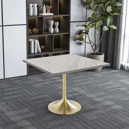 Verve Square Dining Table with a Laminated White Marbleized Tabletop and Brushed Gold Stainless Steel Base - Elax Furniture