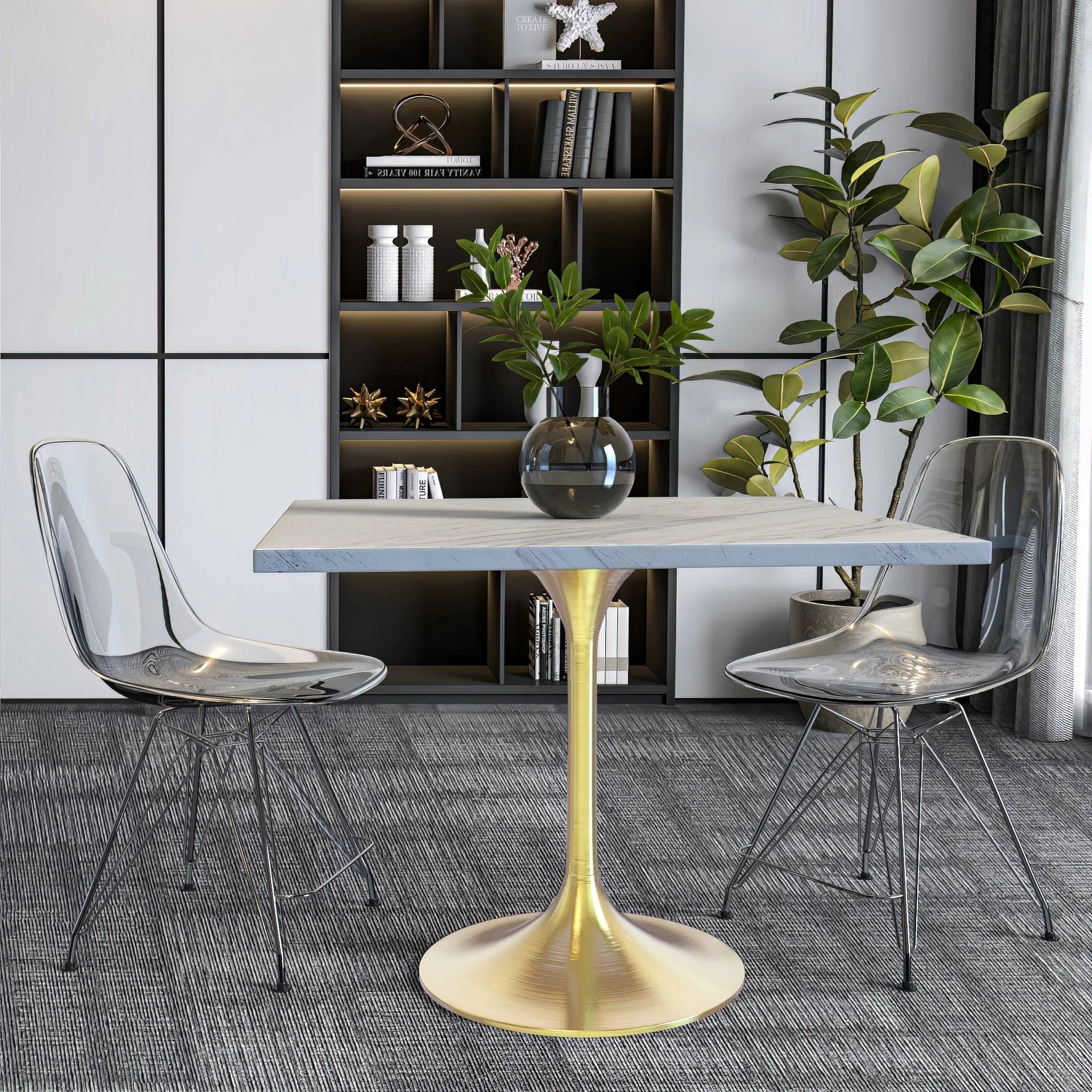 Verve Square Dining Table with a Laminated White Marbleized Tabletop and Brushed Gold Stainless Steel Base - Elax Furniture