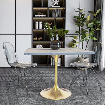 Verve Square Dining Table with a Laminated White Marbleized Tabletop and Brushed Gold Stainless Steel Base - Elax Furniture