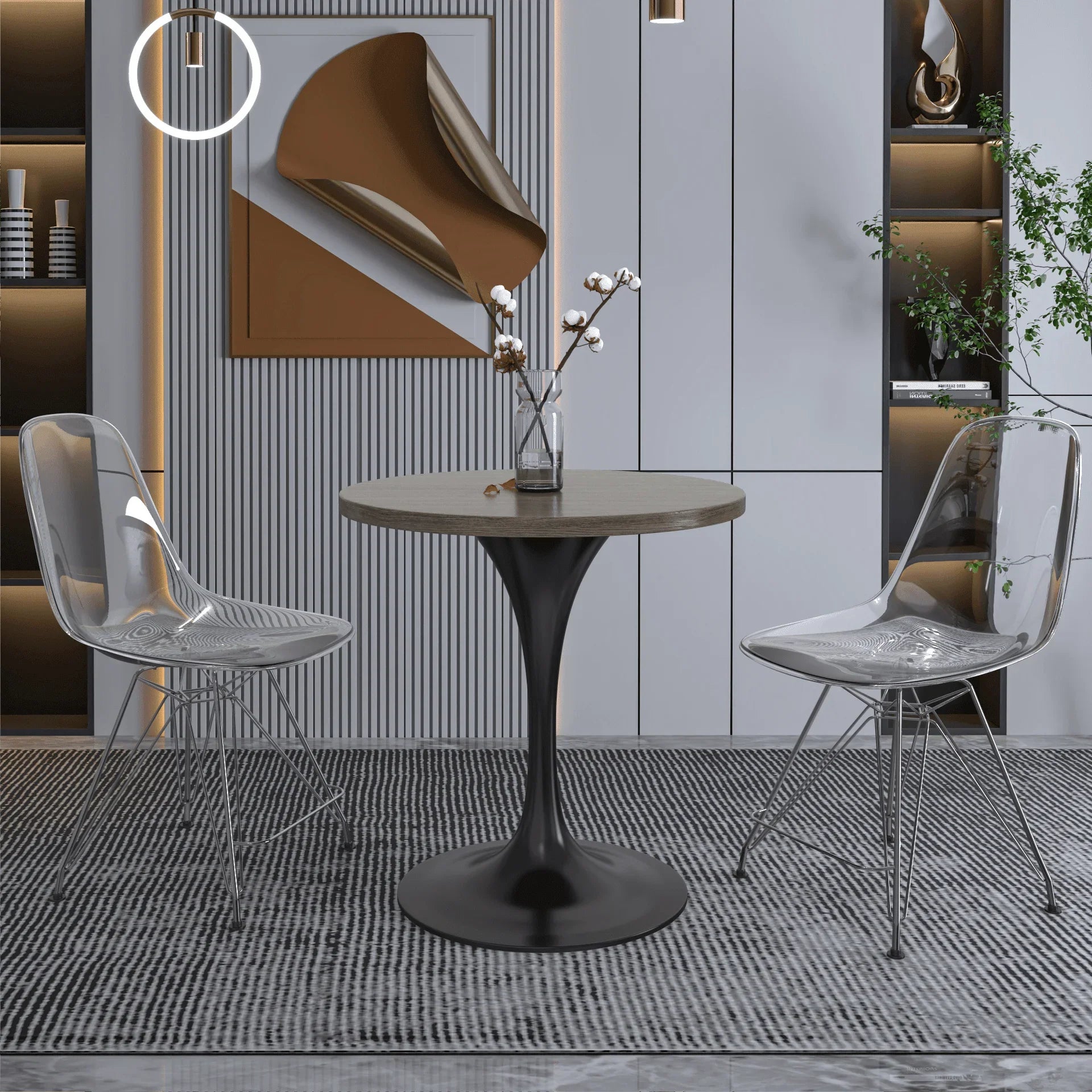 Verve Round Dining Table with MDF/Sintered Stone/Resin Tabletop in Black Stainless Steel Pedestal Base - Elax Furniture