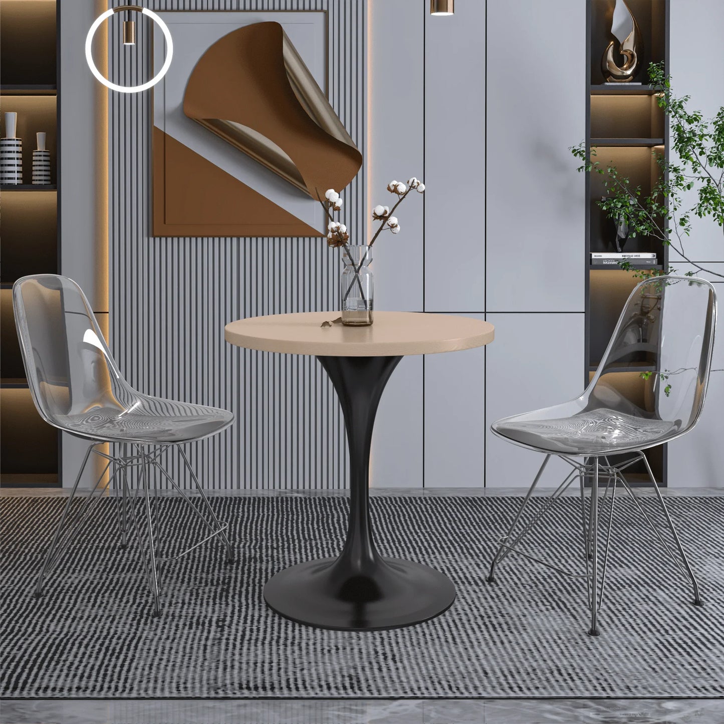 Verve Round Dining Table with MDF/Sintered Stone/Resin Tabletop in Black Stainless Steel Pedestal Base - Elax Furniture