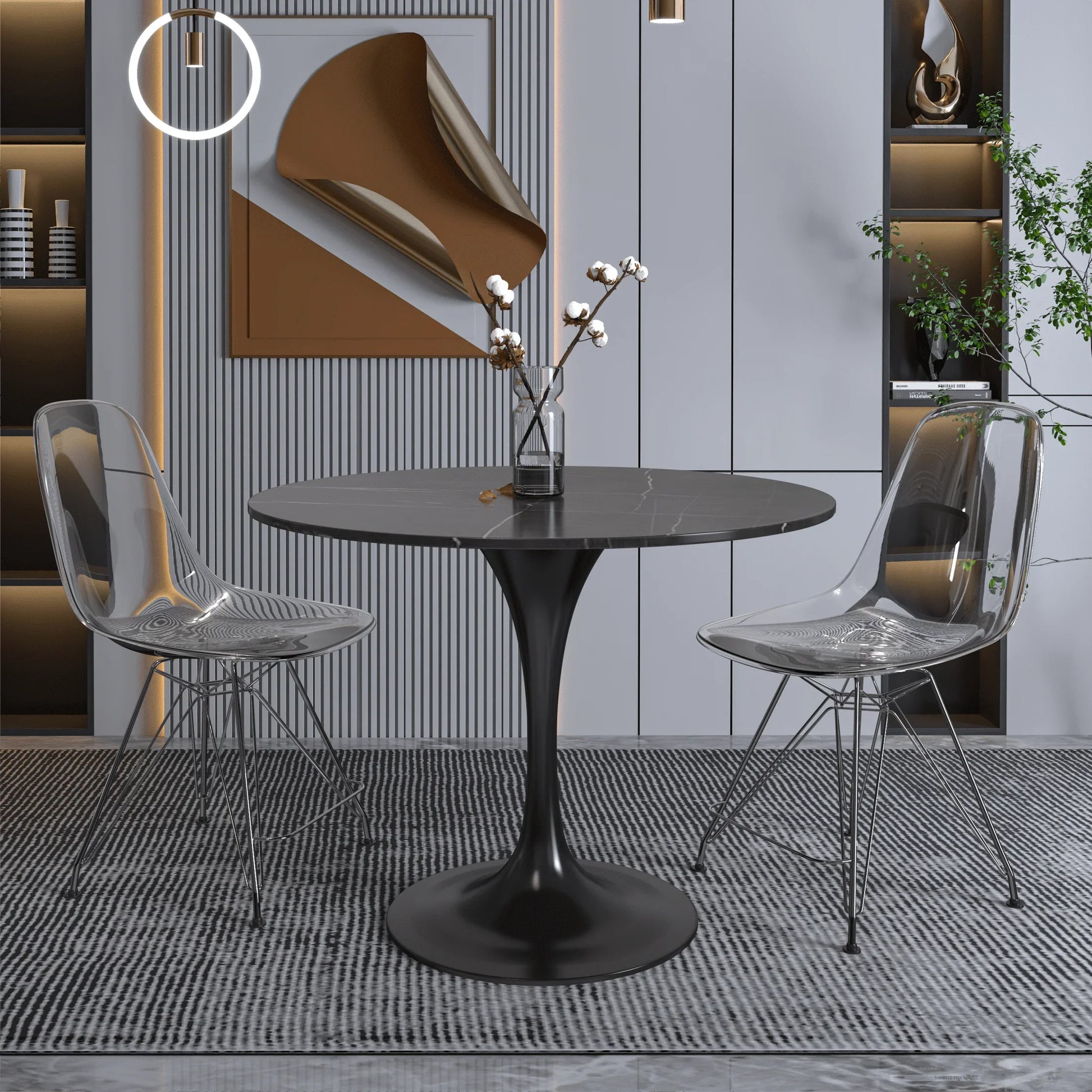 Verve Round Dining Table with MDF/Sintered Stone/Resin Tabletop in Black Stainless Steel Pedestal Base - Elax Furniture