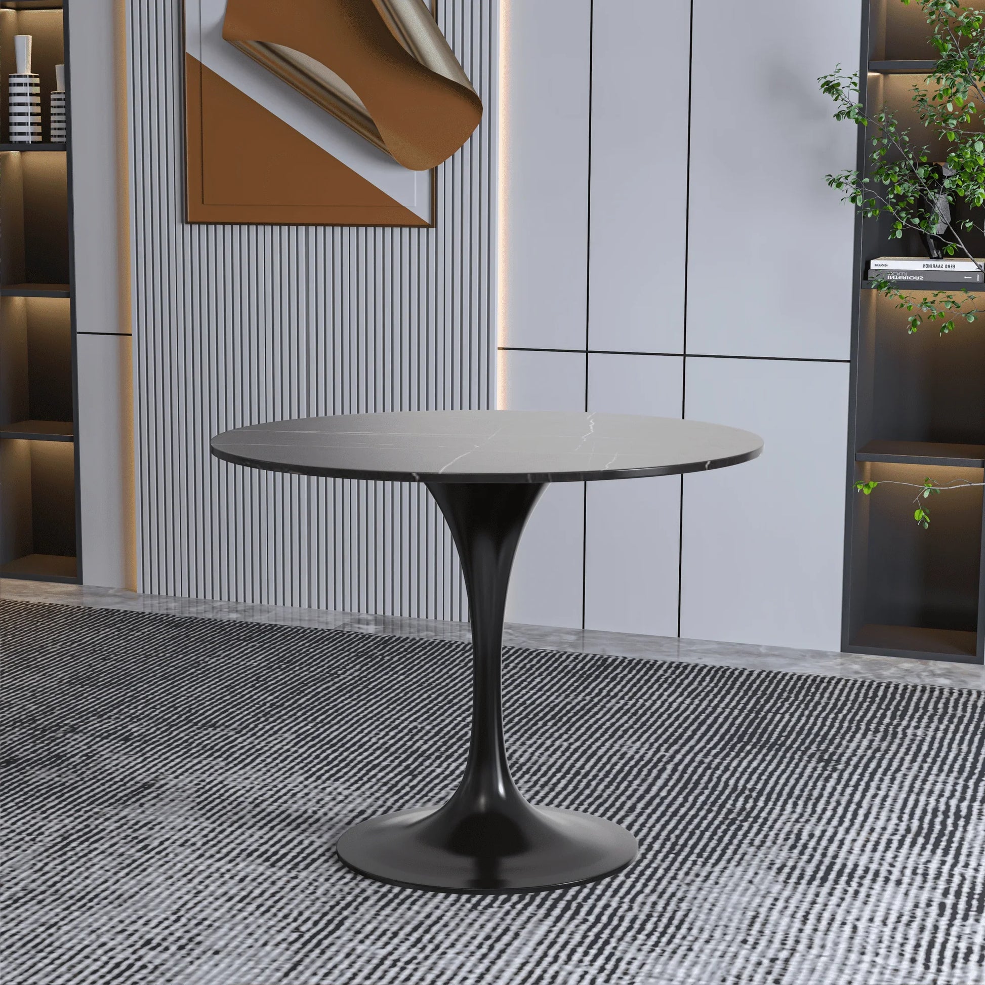 Verve Round Dining Table with MDF/Sintered Stone/Resin Tabletop in Black Stainless Steel Pedestal Base - Elax Furniture