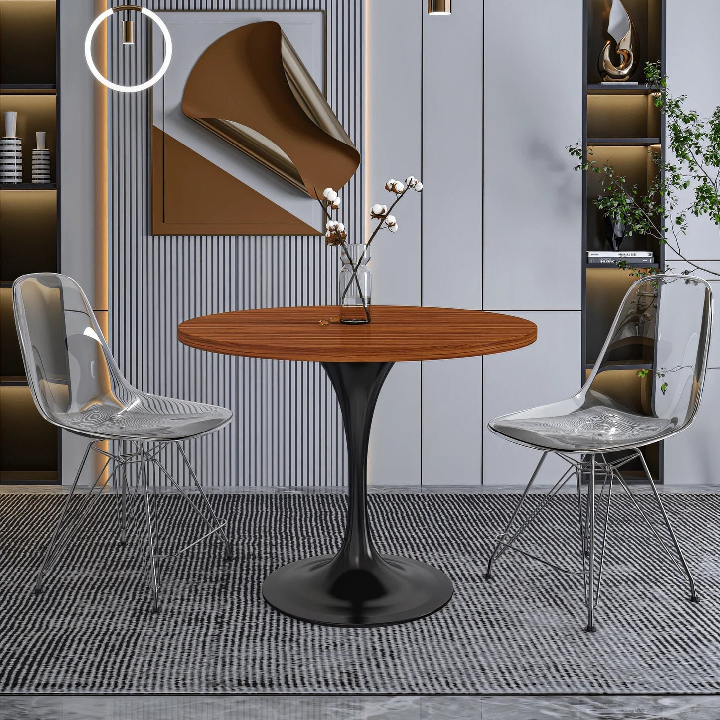 Verve Round Dining Table with MDF/Sintered Stone/Resin Tabletop in Black Stainless Steel Pedestal Base - Elax Furniture