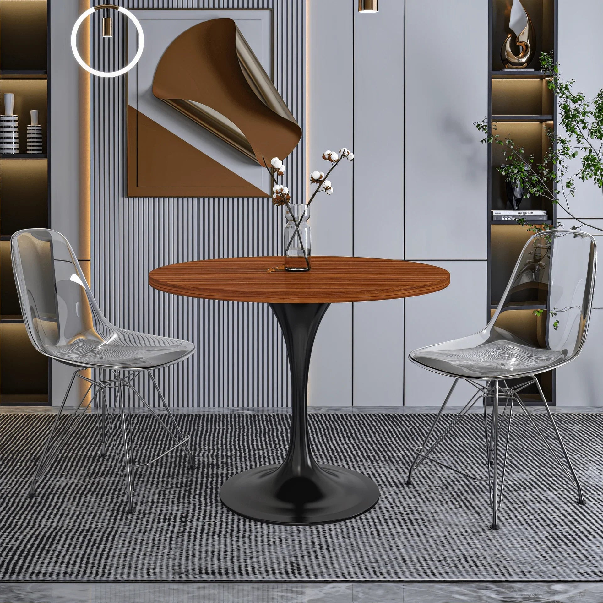 Verve Round Dining Table with MDF/Sintered Stone/Resin Tabletop in Black Stainless Steel Pedestal Base - Elax Furniture