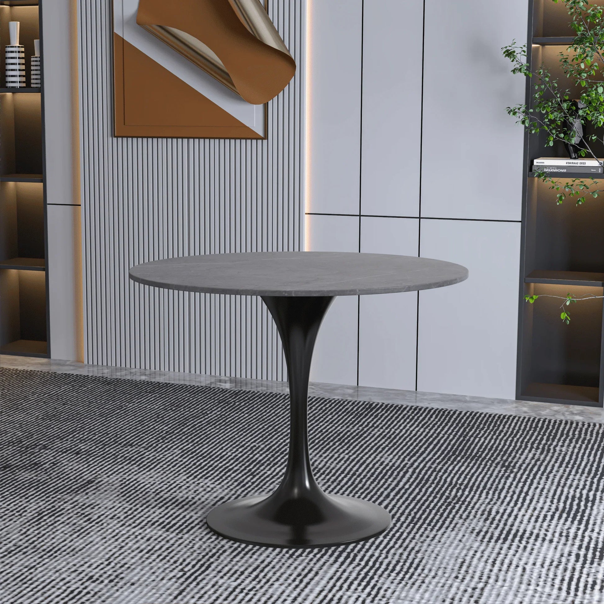 Verve Round Dining Table with MDF/Sintered Stone/Resin Tabletop in Black Stainless Steel Pedestal Base - Elax Furniture