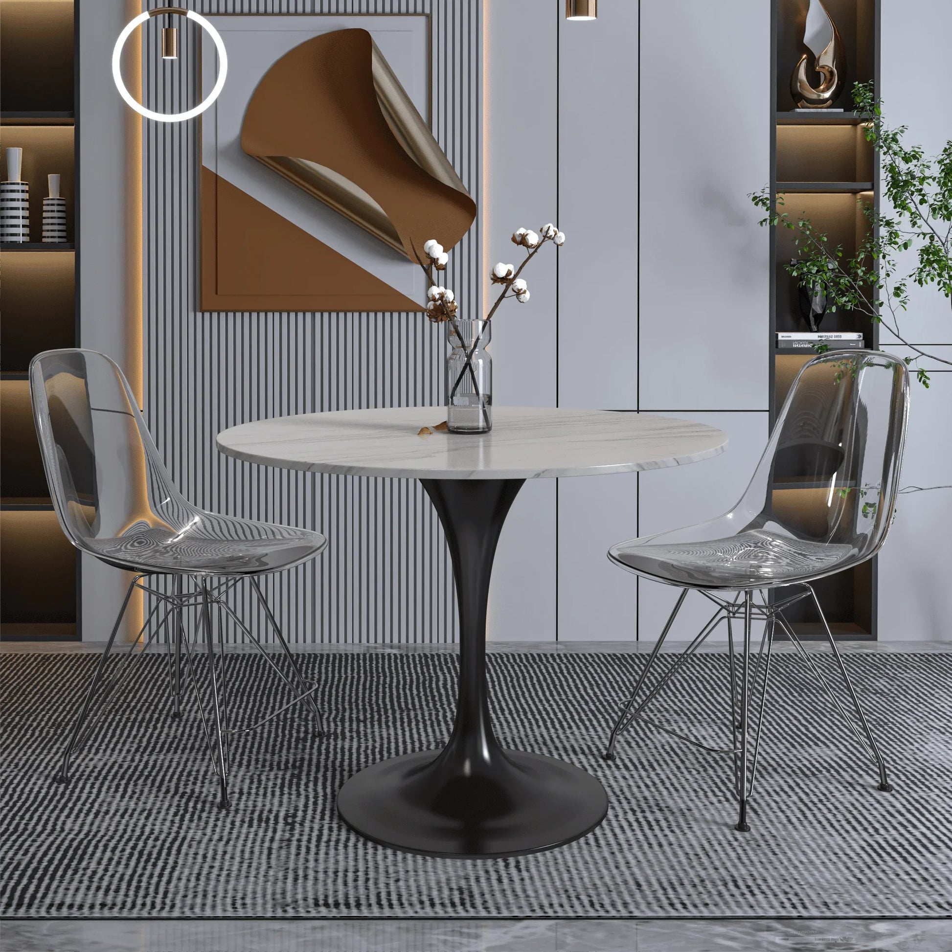 Verve Round Dining Table with MDF/Sintered Stone/Resin Tabletop in Black Stainless Steel Pedestal Base - Elax Furniture