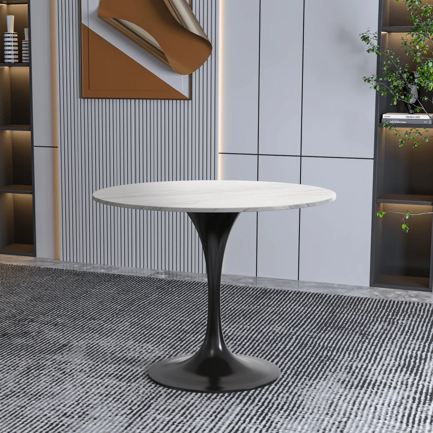 Verve Round Dining Table with MDF/Sintered Stone/Resin Tabletop in Black Stainless Steel Pedestal Base - Elax Furniture