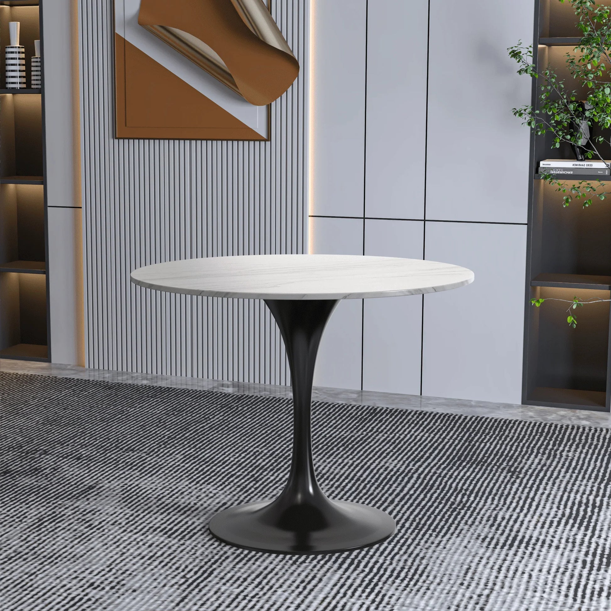 Verve Round Dining Table with MDF/Sintered Stone/Resin Tabletop in Black Stainless Steel Pedestal Base - Elax Furniture