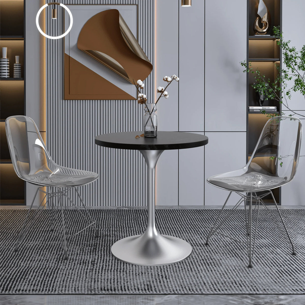 Verve Round Dining Table with MDF/Sintered Stone/Resin Tabletop in Silver Stainless Steel Pedestal Base - Elax Furniture