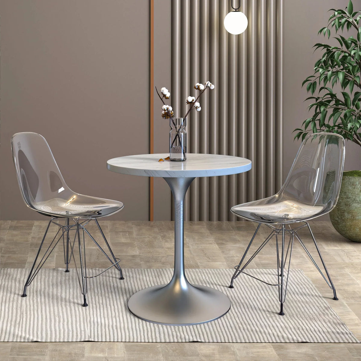 Verve Round Dining Table with MDF/Sintered Stone/Resin Tabletop in Silver Stainless Steel Pedestal Base - Elax Furniture