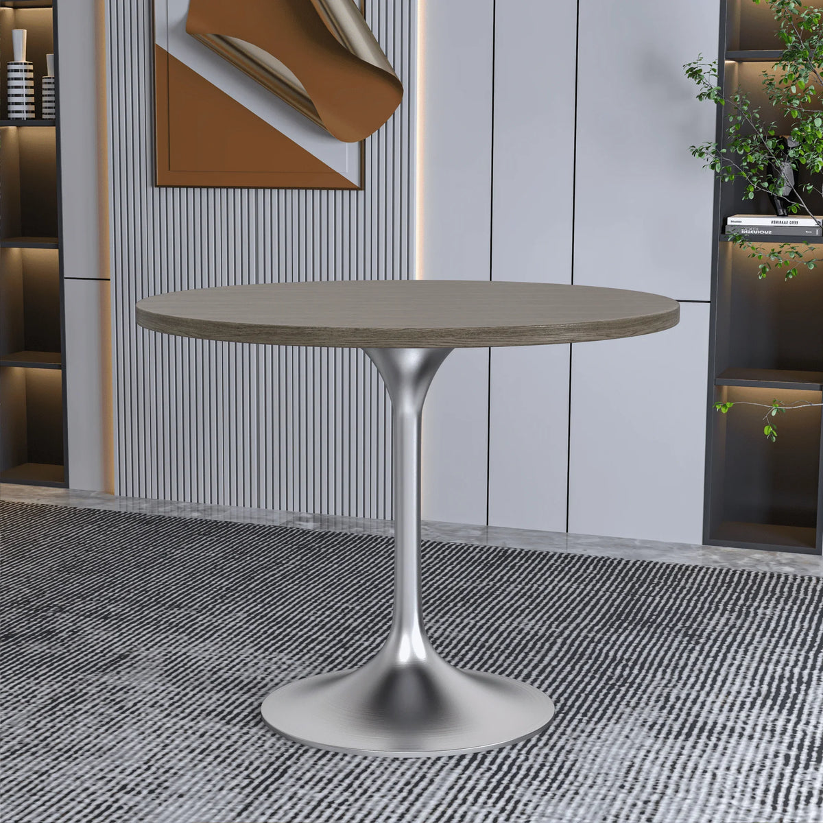 Verve Round Dining Table with MDF/Sintered Stone/Resin Tabletop in Silver Stainless Steel Pedestal Base - Elax Furniture