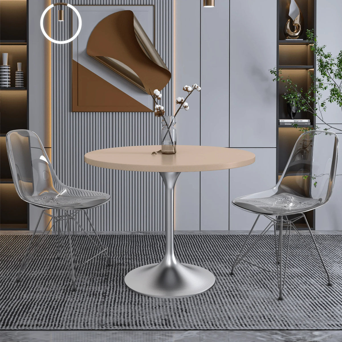 Verve Round Dining Table with MDF/Sintered Stone/Resin Tabletop in Silver Stainless Steel Pedestal Base - Elax Furniture