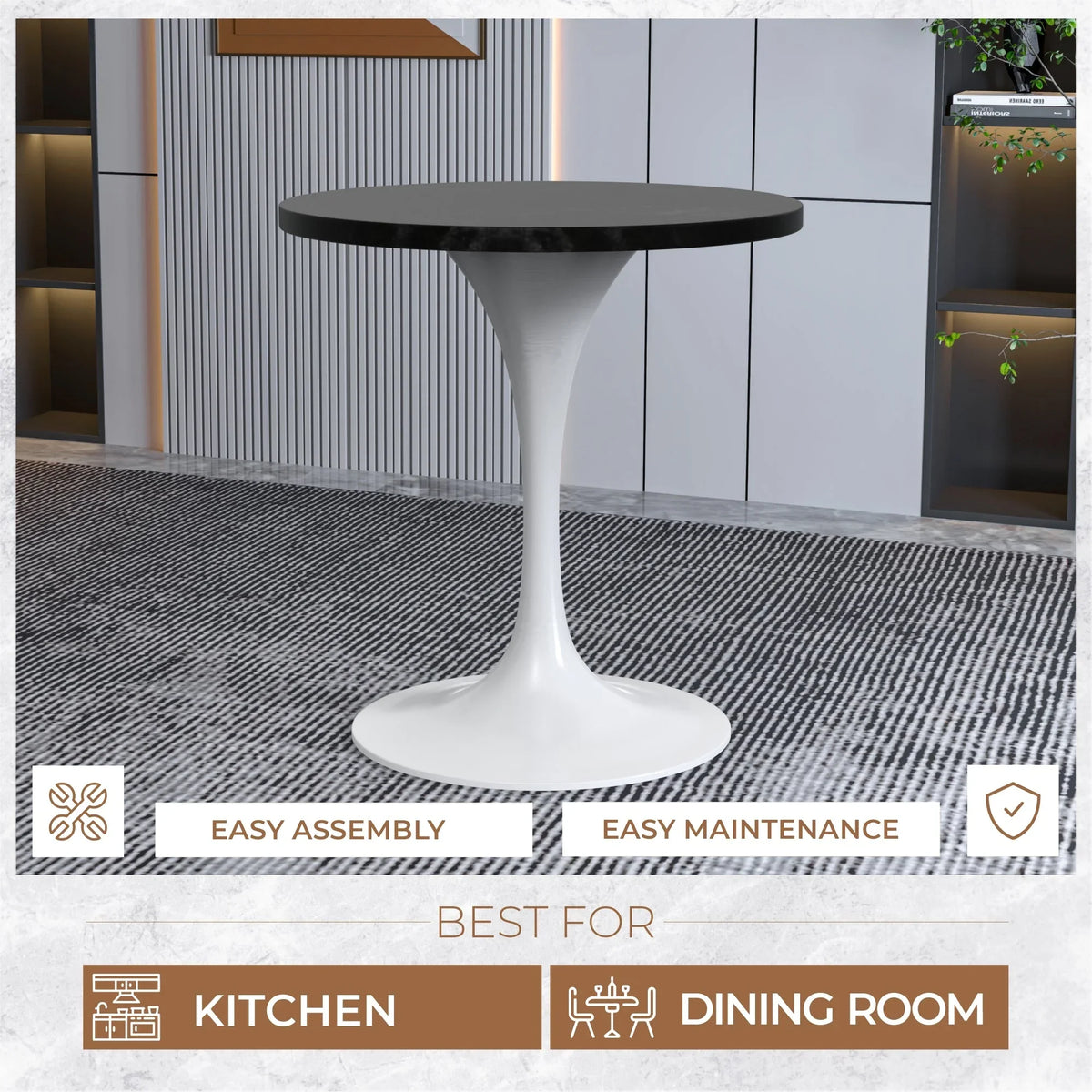 Verve Round Dining Table with MDF/Sintered Stone/Resin Tabletop in White Stainless Steel Pedestal Base - Elax Furniture