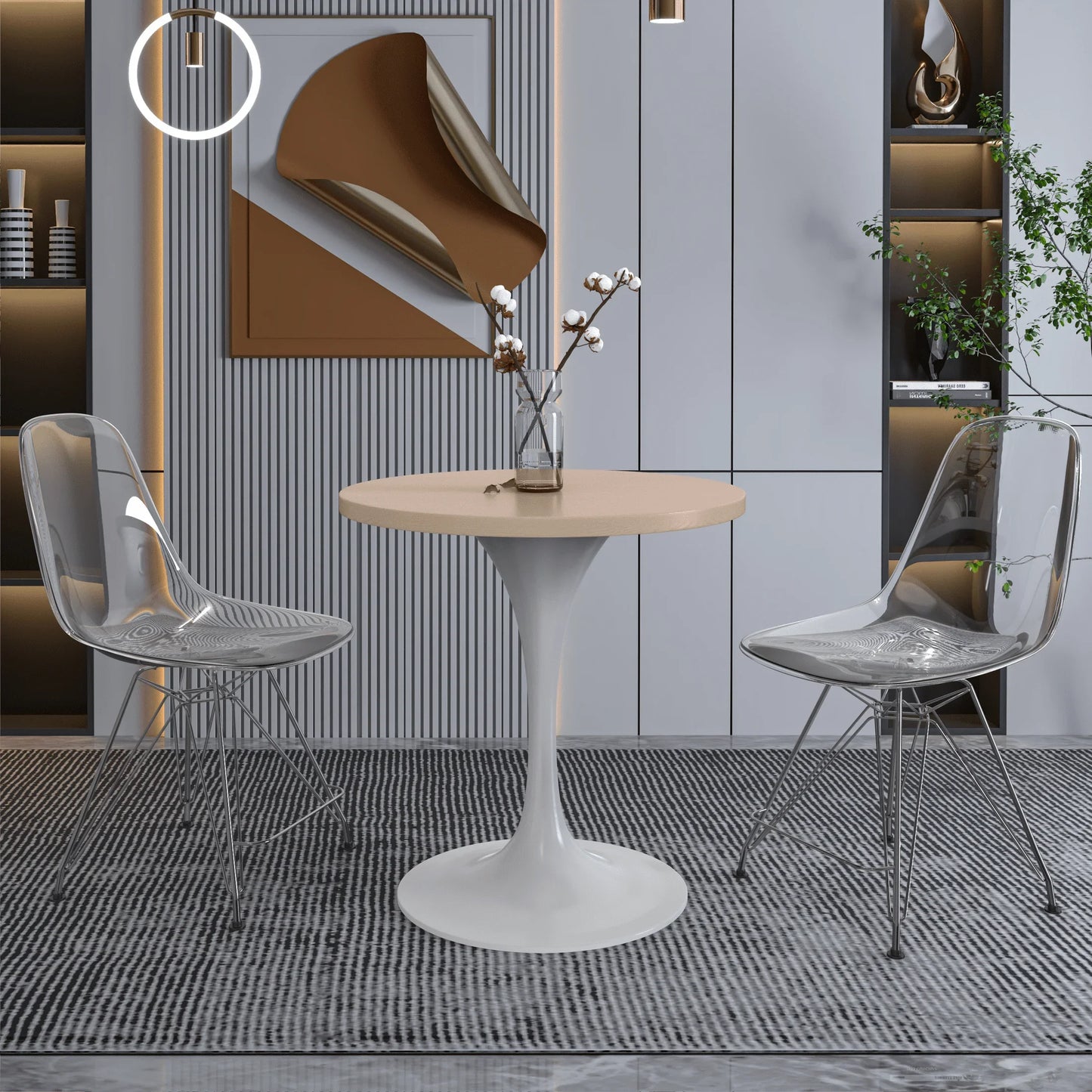 Verve Round Dining Table with MDF/Sintered Stone/Resin Tabletop in White Stainless Steel Pedestal Base - Elax Furniture