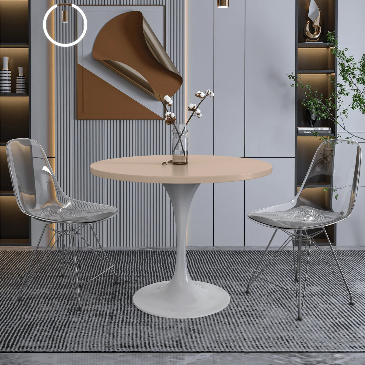 Verve Round Dining Table with MDF/Sintered Stone/Resin Tabletop in White Stainless Steel Pedestal Base - Elax Furniture