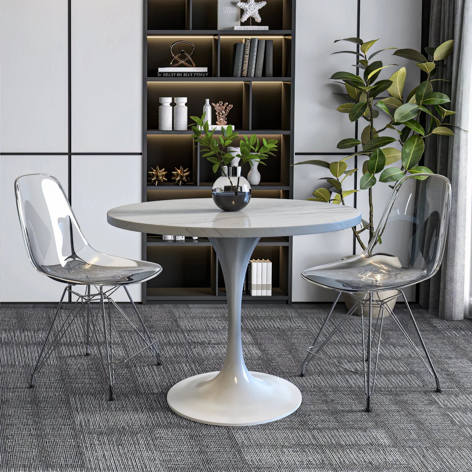 Verve Round Dining Table with MDF/Sintered Stone/Resin Tabletop in White Stainless Steel Pedestal Base - Elax Furniture