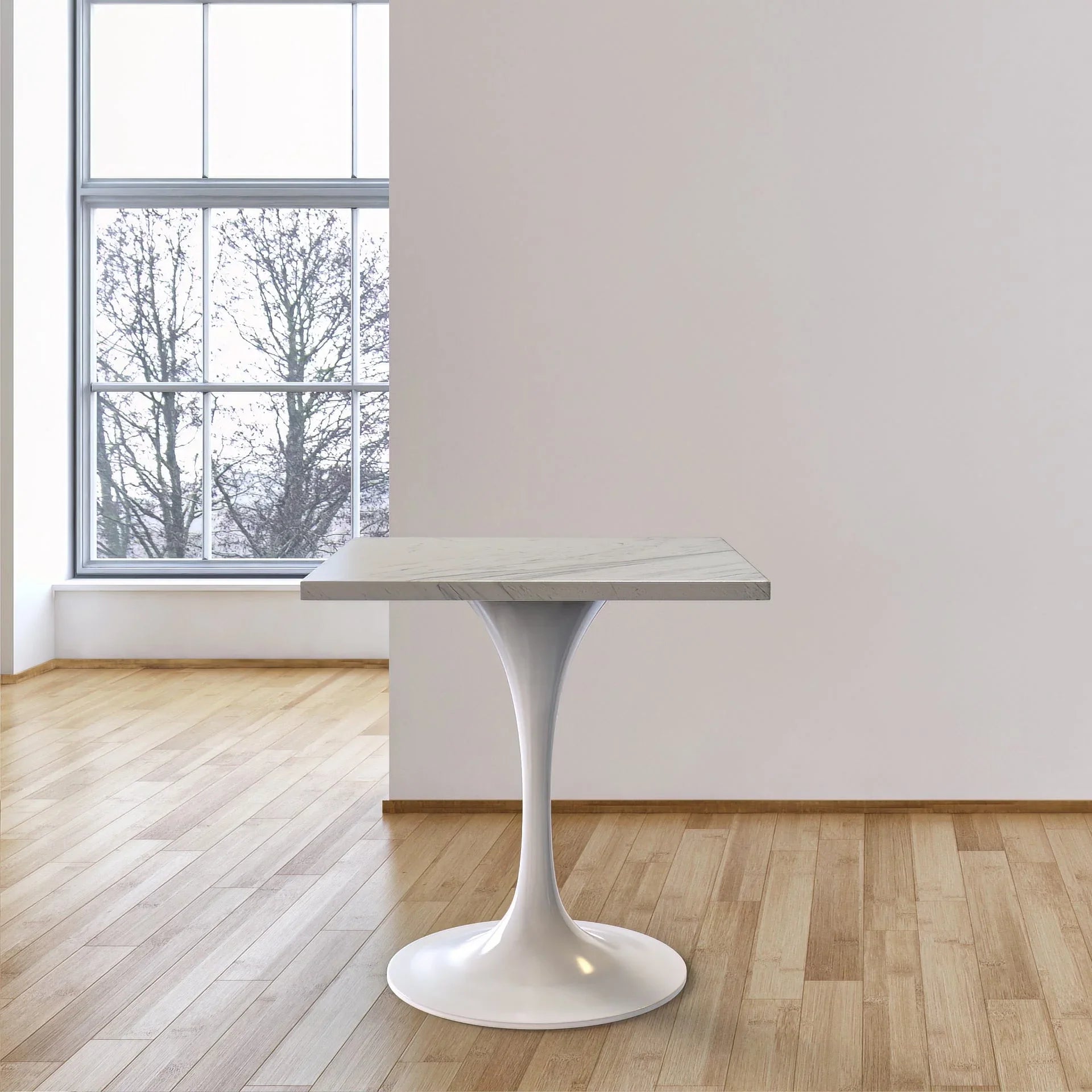 Verve Square Dining Table with a Laminated White Marbleized Tabletop and White Steel Pedestal Base - Elax Furniture