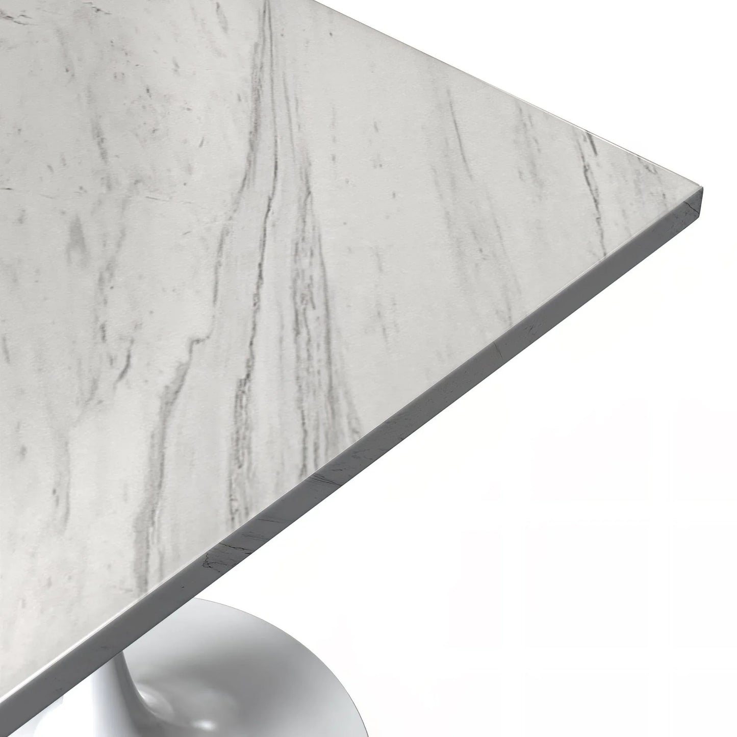 Verve Square Dining Table with a Laminated White Marbleized Tabletop and White Steel Pedestal Base - Elax Furniture