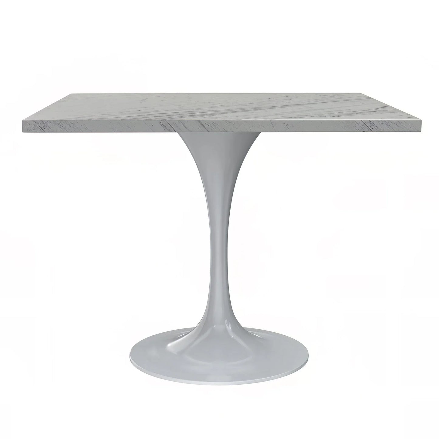 Verve Square Dining Table with a Laminated White Marbleized Tabletop and White Steel Pedestal Base - Elax Furniture