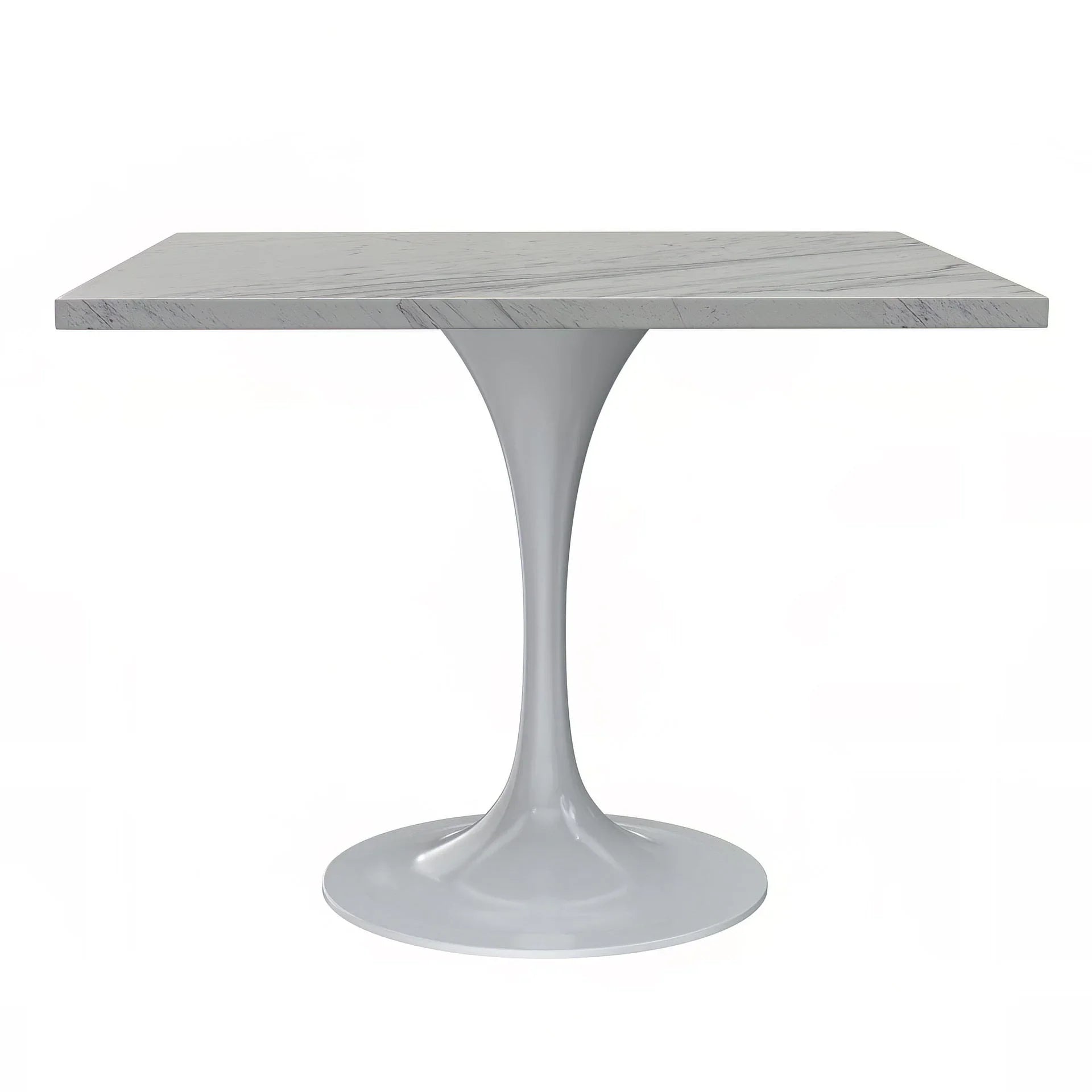 Verve Square Dining Table with a Laminated White Marbleized Tabletop and White Steel Pedestal Base - Elax Furniture