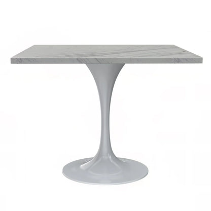 Verve Square Dining Table with a Laminated White Marbleized Tabletop and White Steel Pedestal Base - Elax Furniture