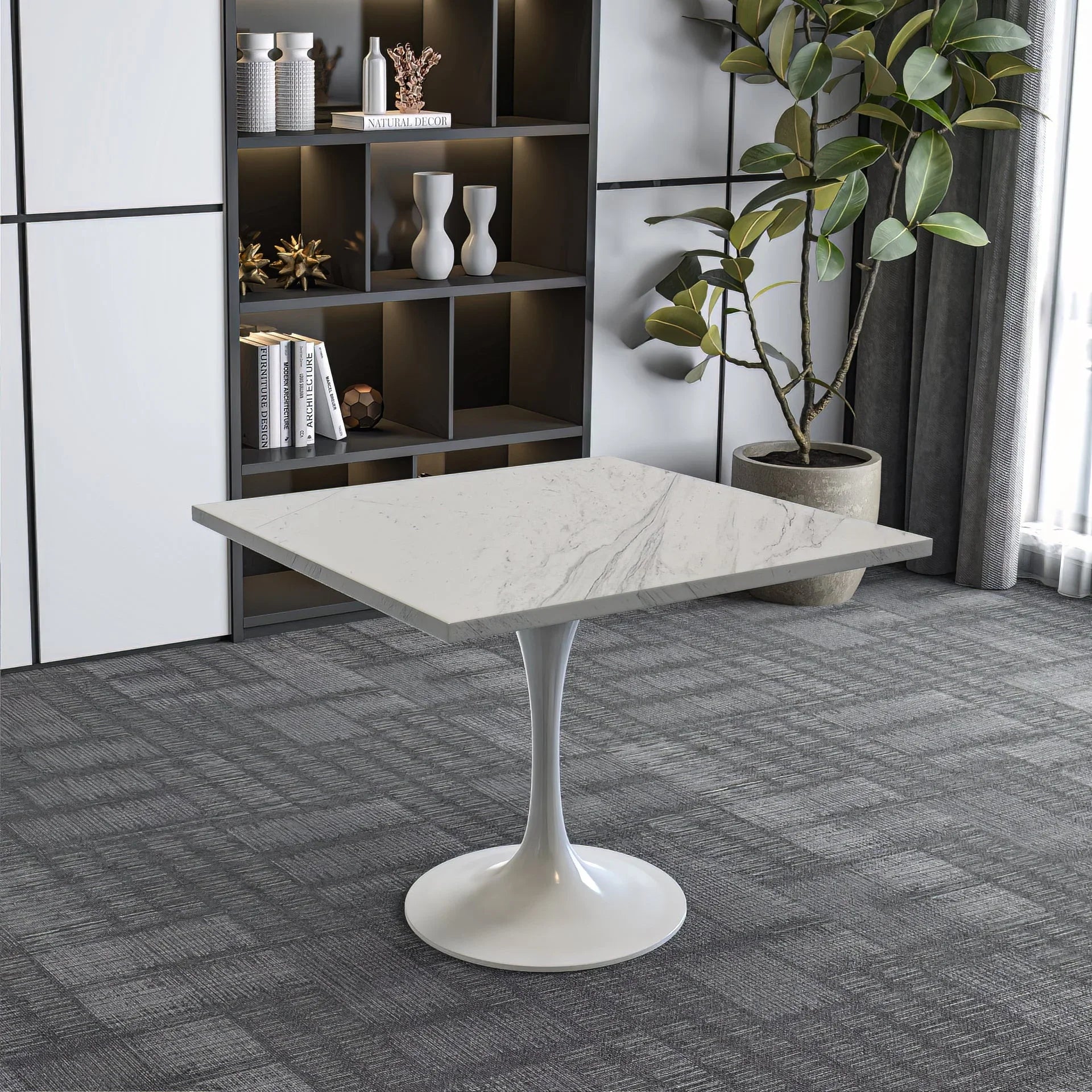 Verve Square Dining Table with a Laminated White Marbleized Tabletop and White Steel Pedestal Base - Elax Furniture