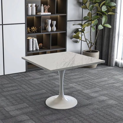 Verve Square Dining Table with a Laminated White Marbleized Tabletop and White Steel Pedestal Base - Elax Furniture