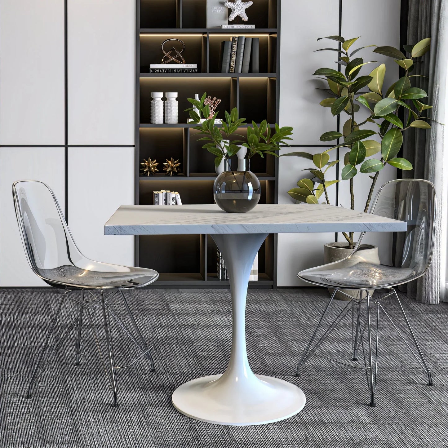 Verve Square Dining Table with a Laminated White Marbleized Tabletop and White Steel Pedestal Base - Elax Furniture