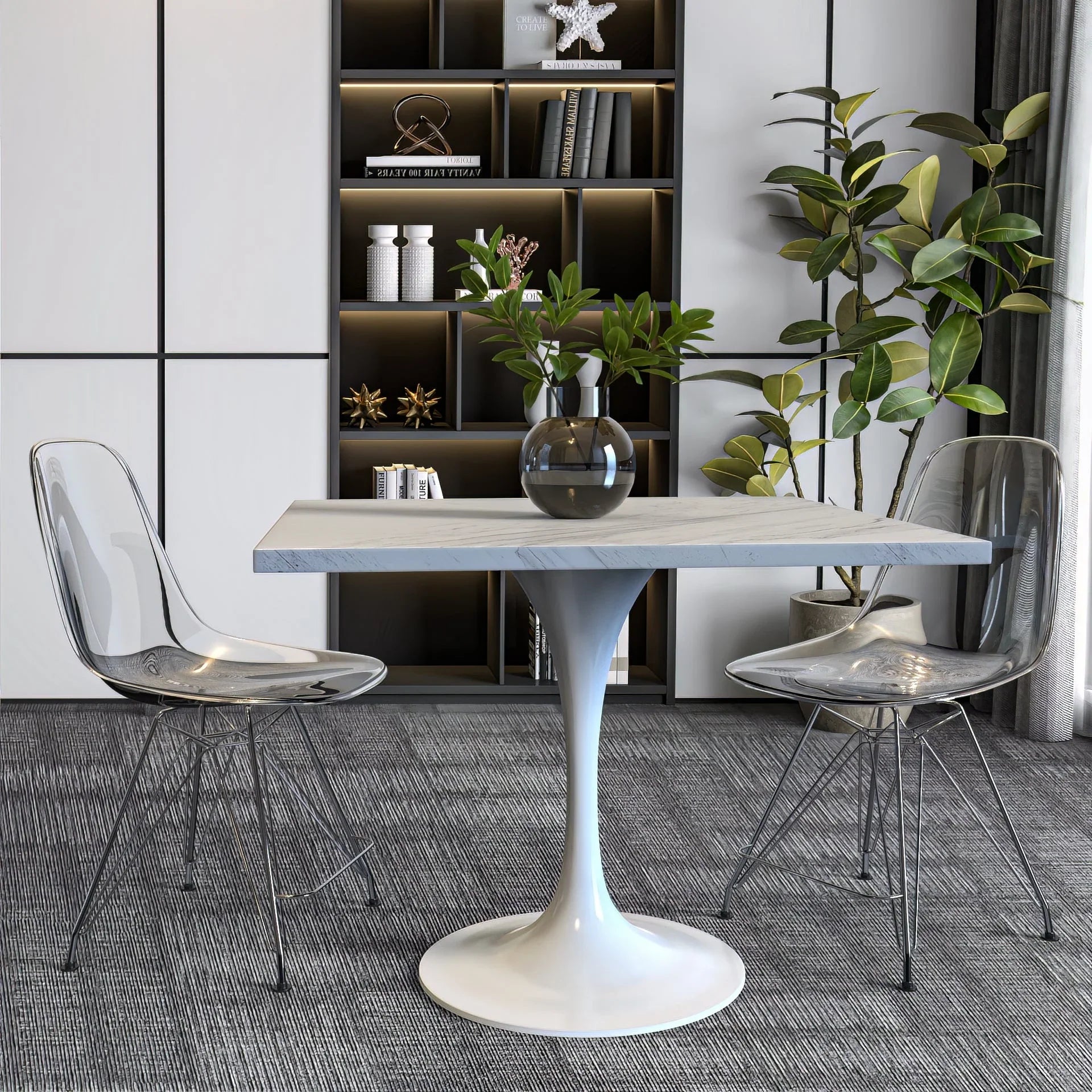Verve Square Dining Table with a Laminated White Marbleized Tabletop and White Steel Pedestal Base - Elax Furniture