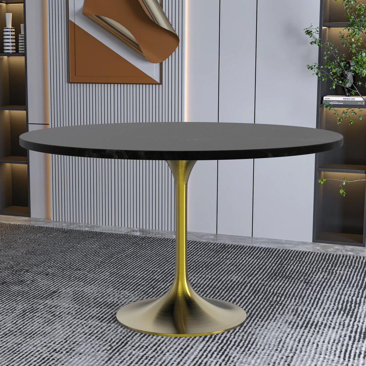 Verve Round Dining Table with MDF/Sintered Stone/Resin Tabletop in Gold Stainless Steel Pedestal Base - Elax Furniture