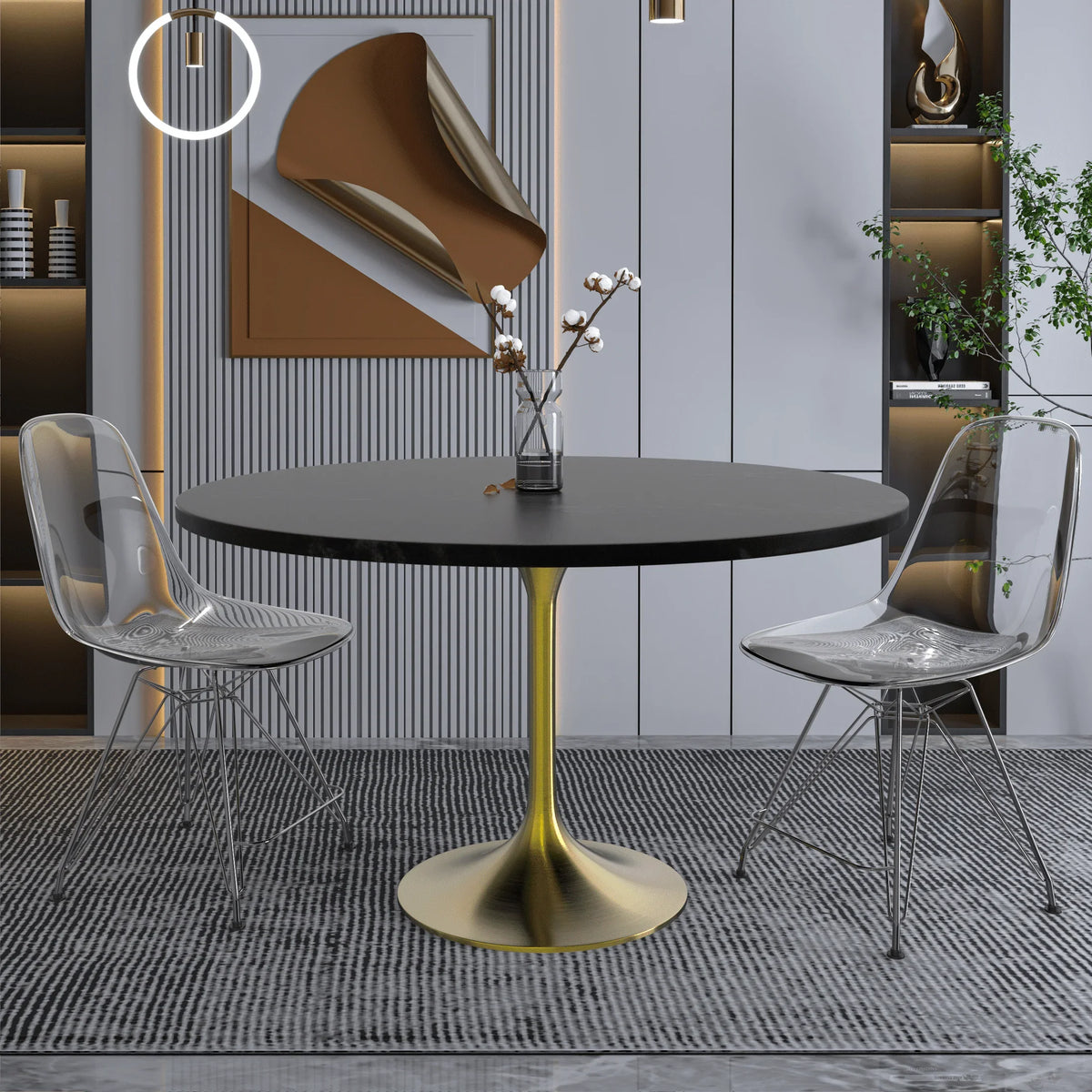 Verve Round Dining Table with MDF/Sintered Stone/Resin Tabletop in Gold Stainless Steel Pedestal Base - Elax Furniture