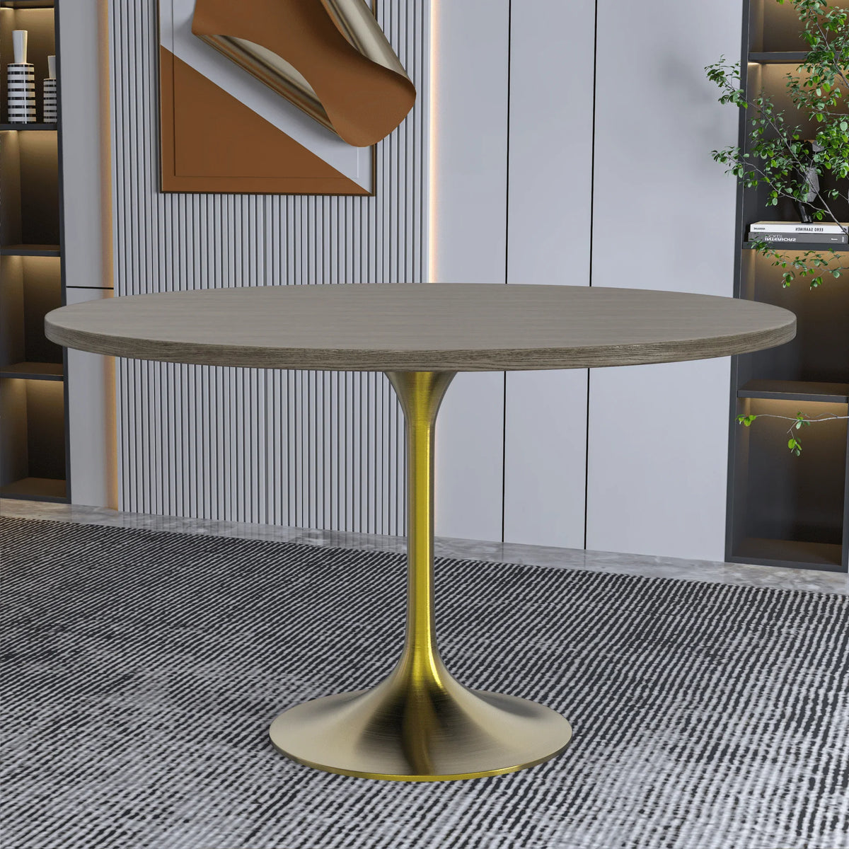 Verve Round Dining Table with MDF/Sintered Stone/Resin Tabletop in Gold Stainless Steel Pedestal Base - Elax Furniture