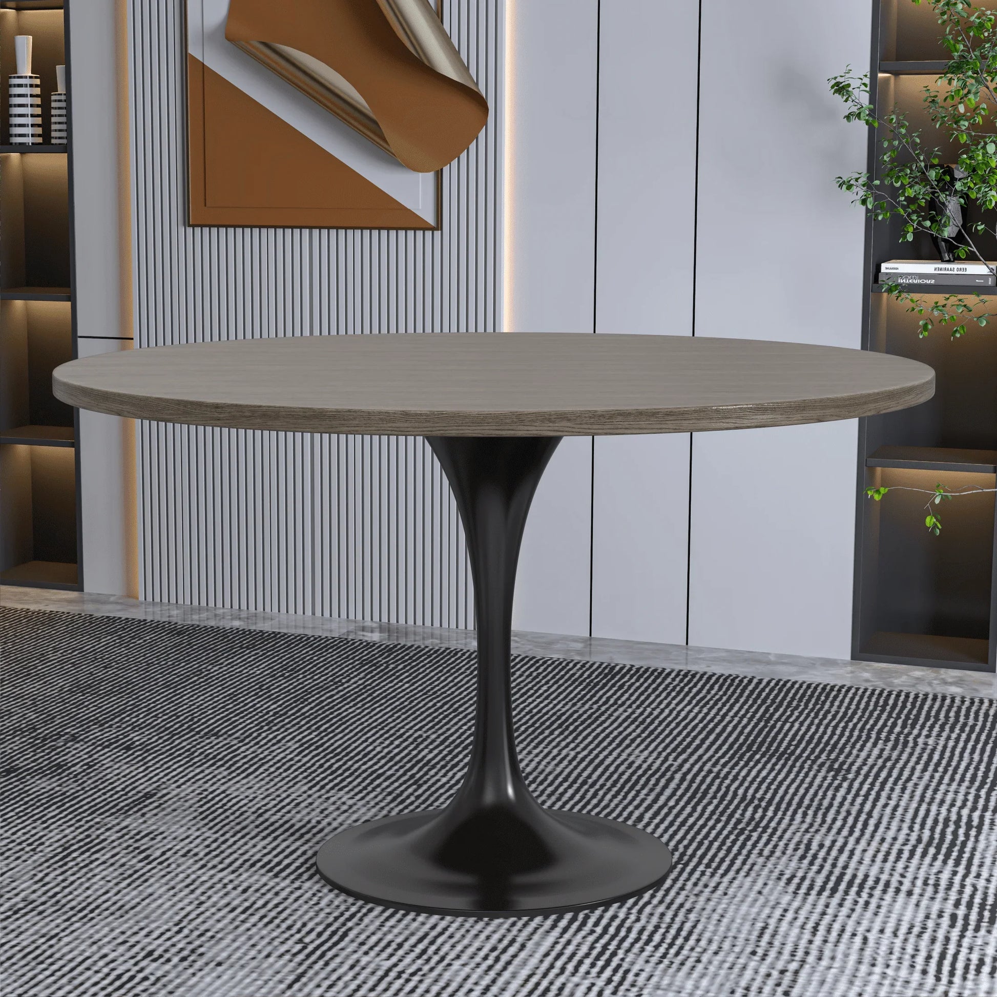 Verve Round Dining Table with MDF/Sintered Stone/Resin Tabletop in Black Stainless Steel Pedestal Base - Elax Furniture