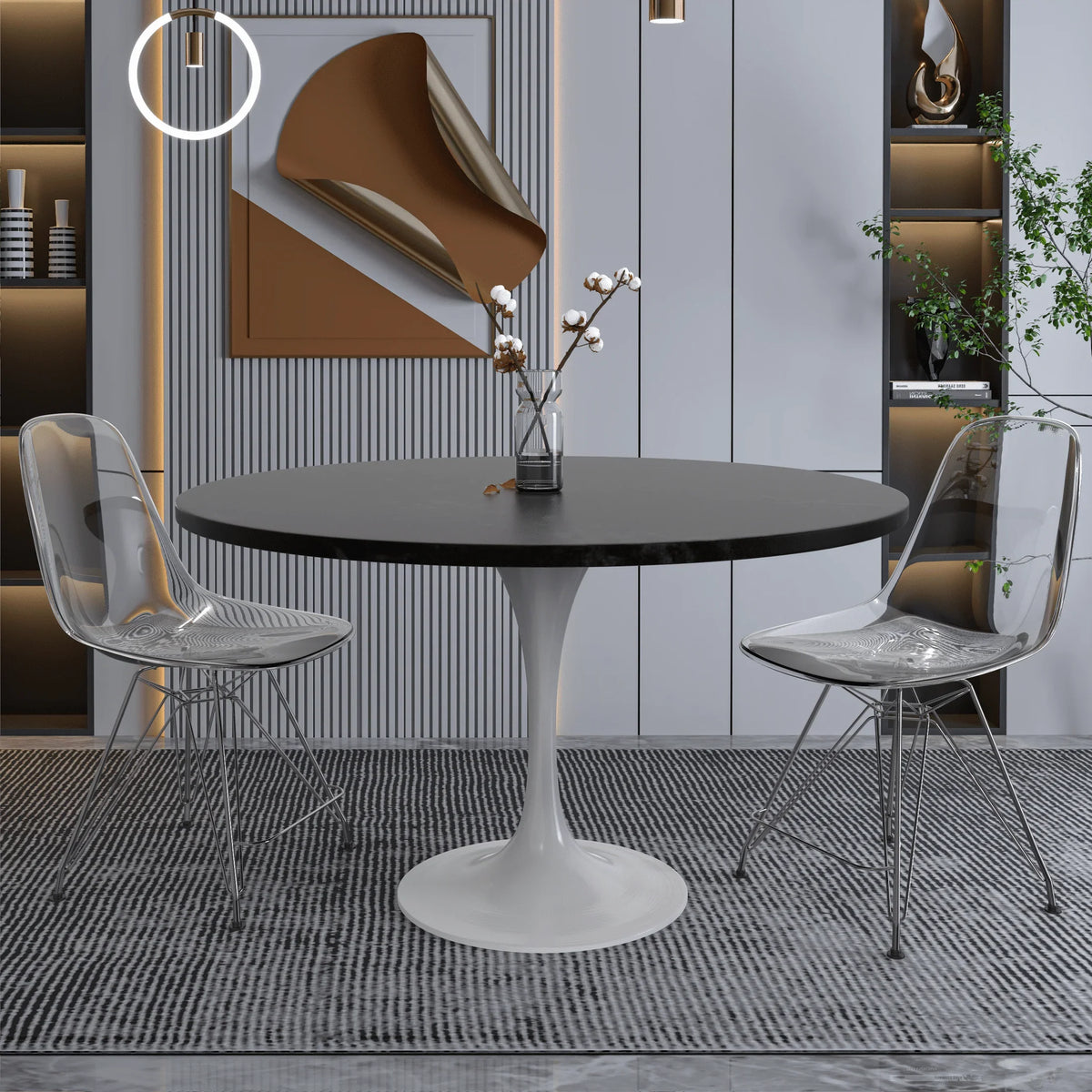 Verve Round Dining Table with MDF/Sintered Stone/Resin Tabletop in White Stainless Steel Pedestal Base - Elax Furniture