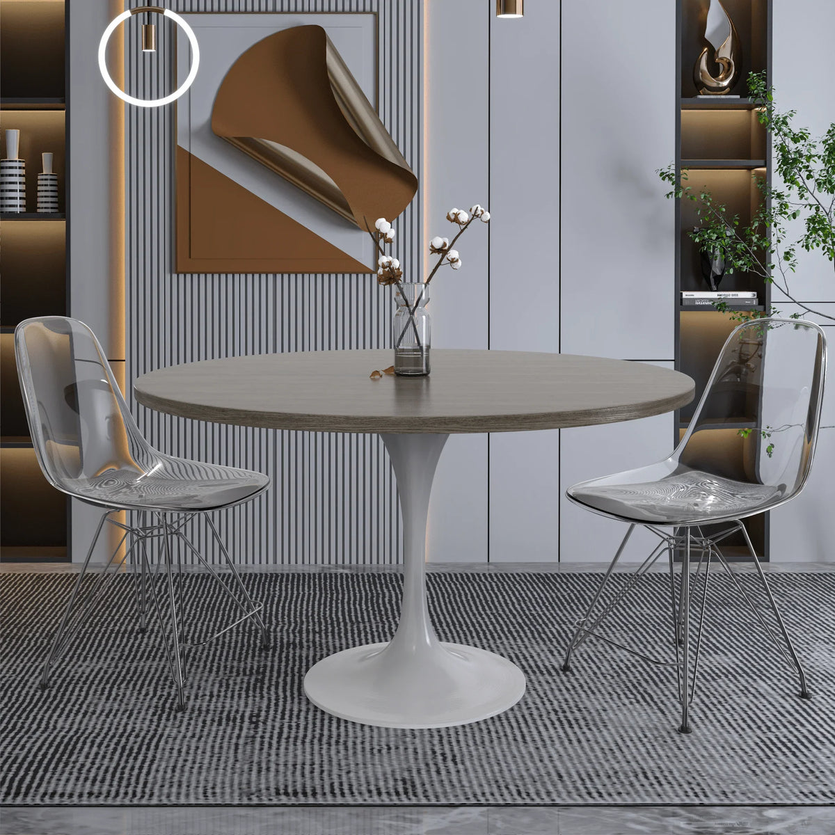 Verve Round Dining Table with MDF/Sintered Stone/Resin Tabletop in White Stainless Steel Pedestal Base - Elax Furniture