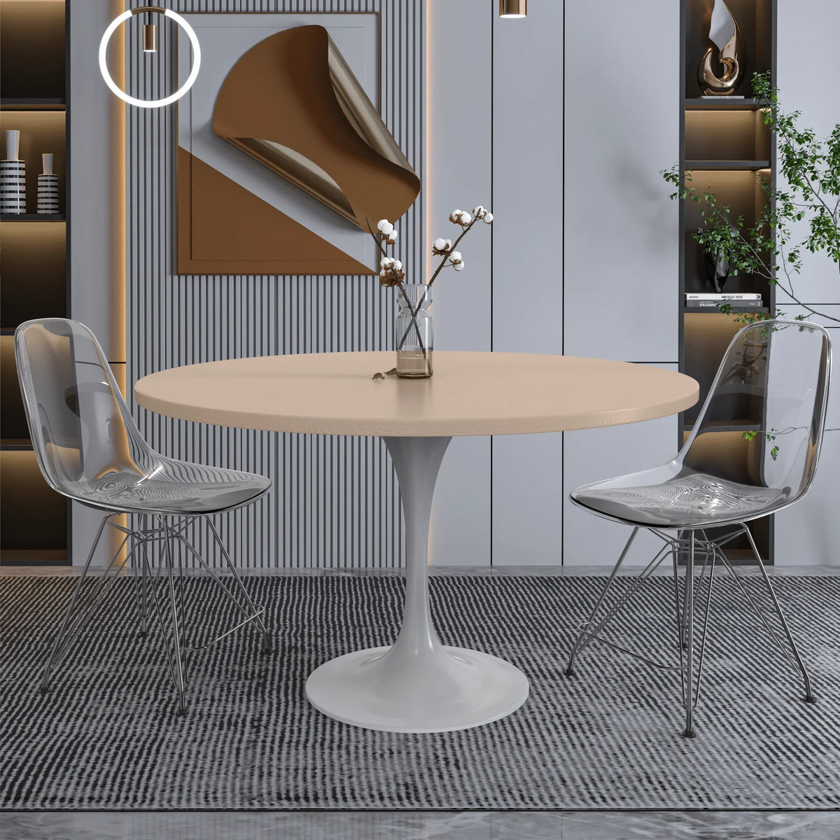 Verve Round Dining Table with MDF/Sintered Stone/Resin Tabletop in White Stainless Steel Pedestal Base - Elax Furniture