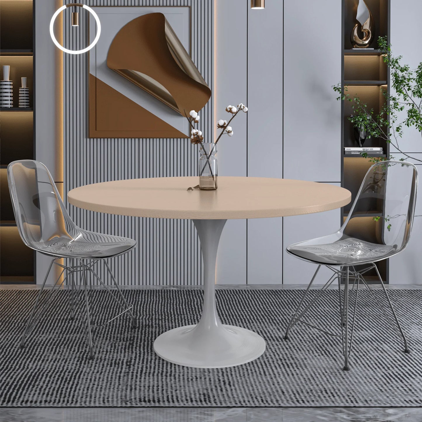 Verve Round Dining Table with MDF/Sintered Stone/Resin Tabletop in White Stainless Steel Pedestal Base - Elax Furniture