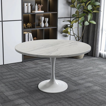 Verve Round Dining Table with MDF/Sintered Stone/Resin Tabletop in White Stainless Steel Pedestal Base - Elax Furniture