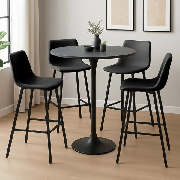 Elland 5-Piece Bar-Height Dining Set with Round MDF Bar Table and Leather Bar Stools