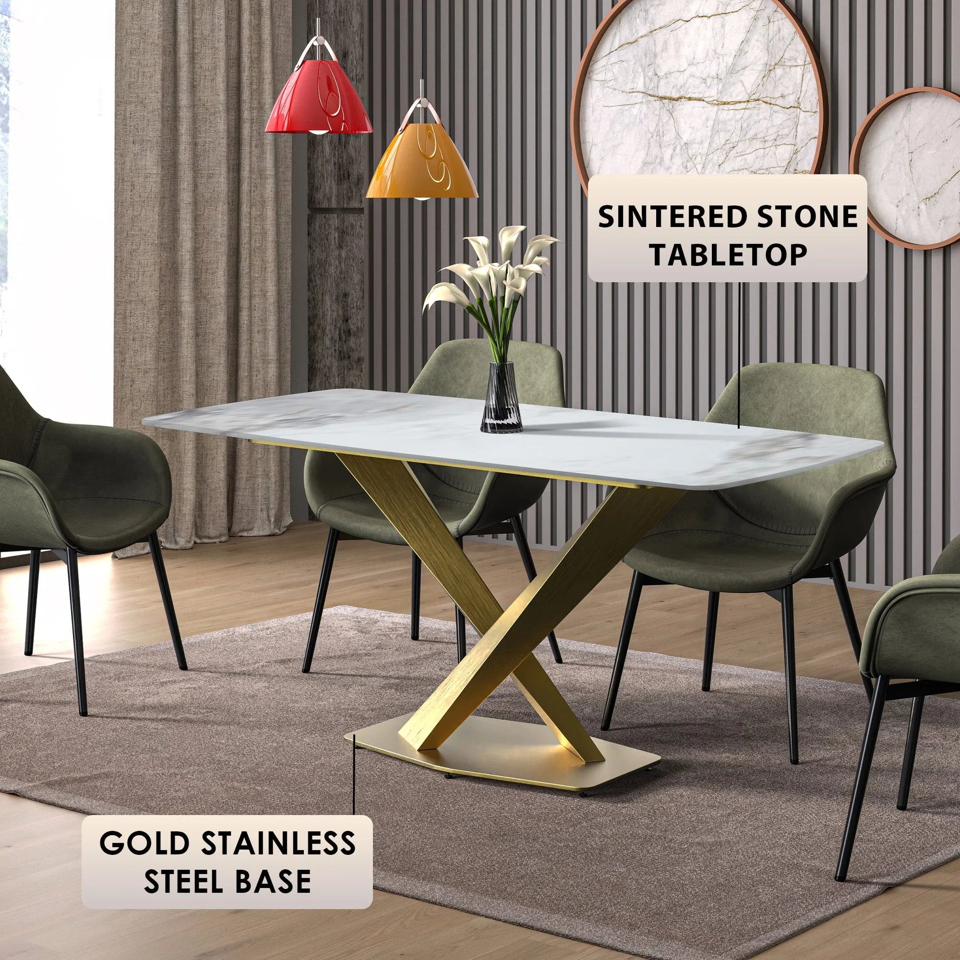 Voren Dining Table with Rectangular Tabletop with Gold/Black Stainless Steel Base - Elax Furniture