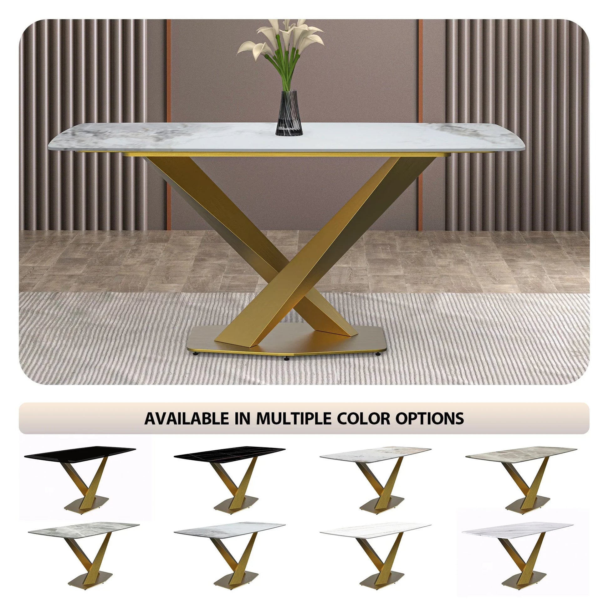 Voren Dining Table with Rectangular Tabletop with Gold/Black Stainless Steel Base - Elax Furniture