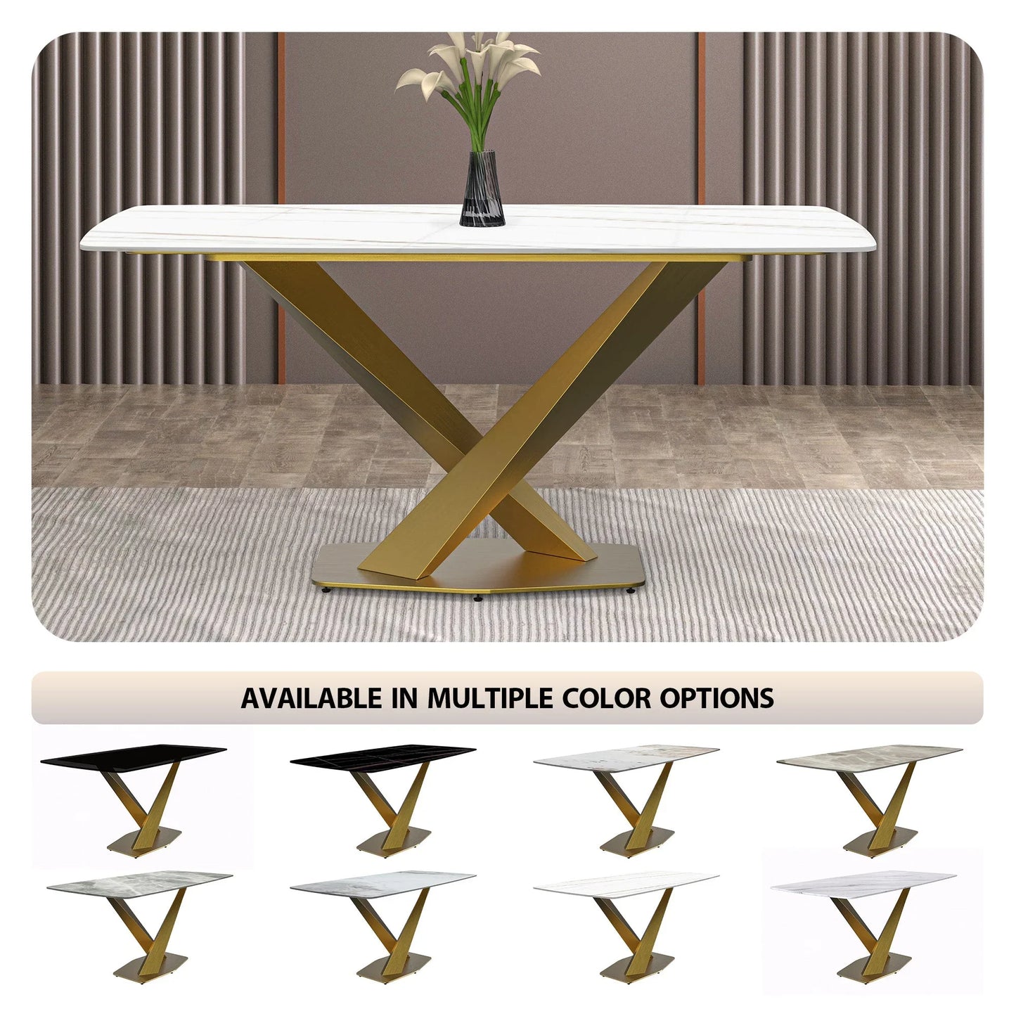 Voren Dining Table with Rectangular Tabletop with Gold/Black Stainless Steel Base - Elax Furniture