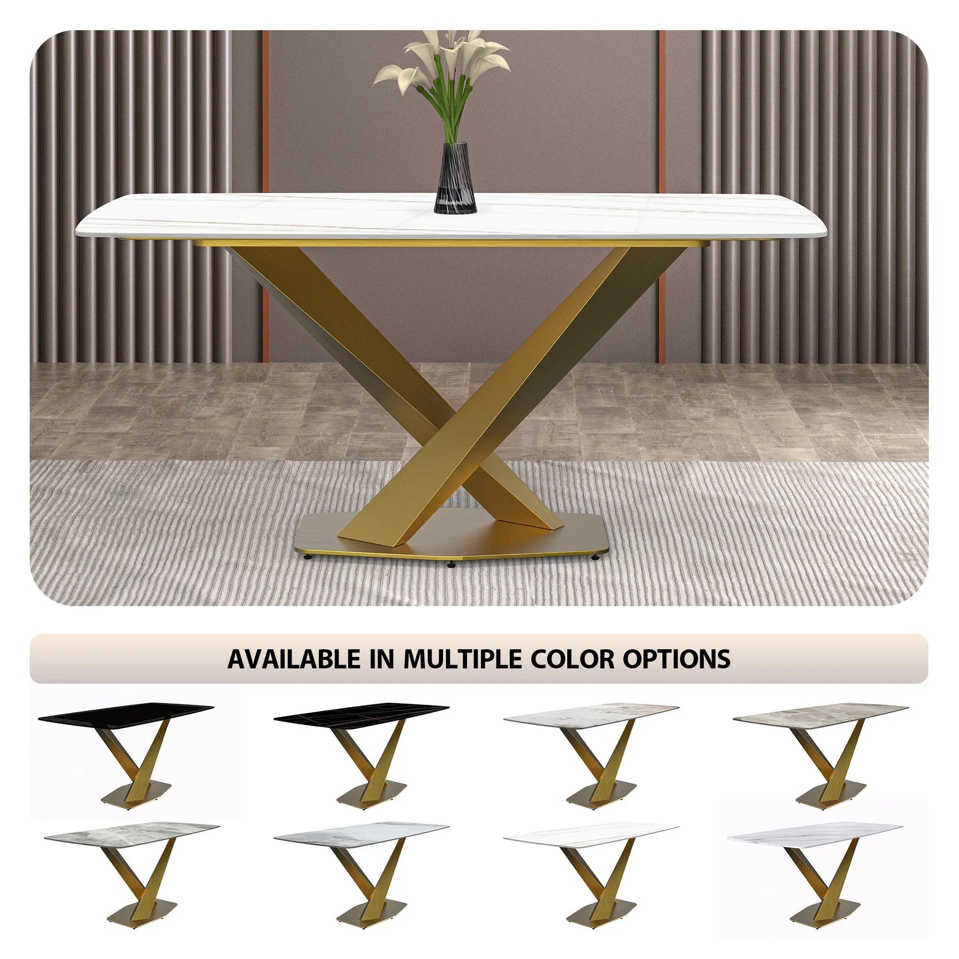 Voren Dining Table with Rectangular Tabletop with Gold/Black Stainless Steel Base - Elax Furniture