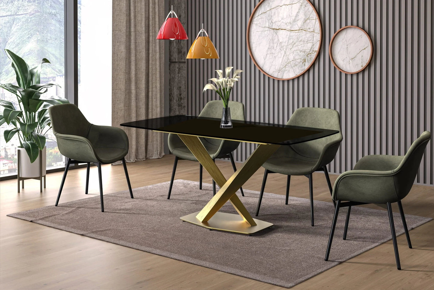 Voren Dining Table with Rectangular Tabletop with Gold/Black Stainless Steel Base - Elax Furniture