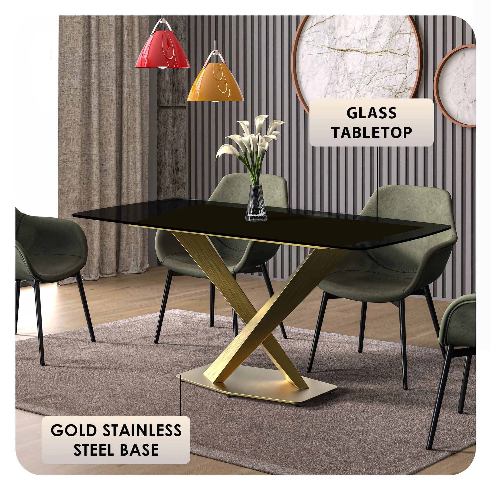 Voren Dining Table with Rectangular Tabletop with Gold/Black Stainless Steel Base - Elax Furniture
