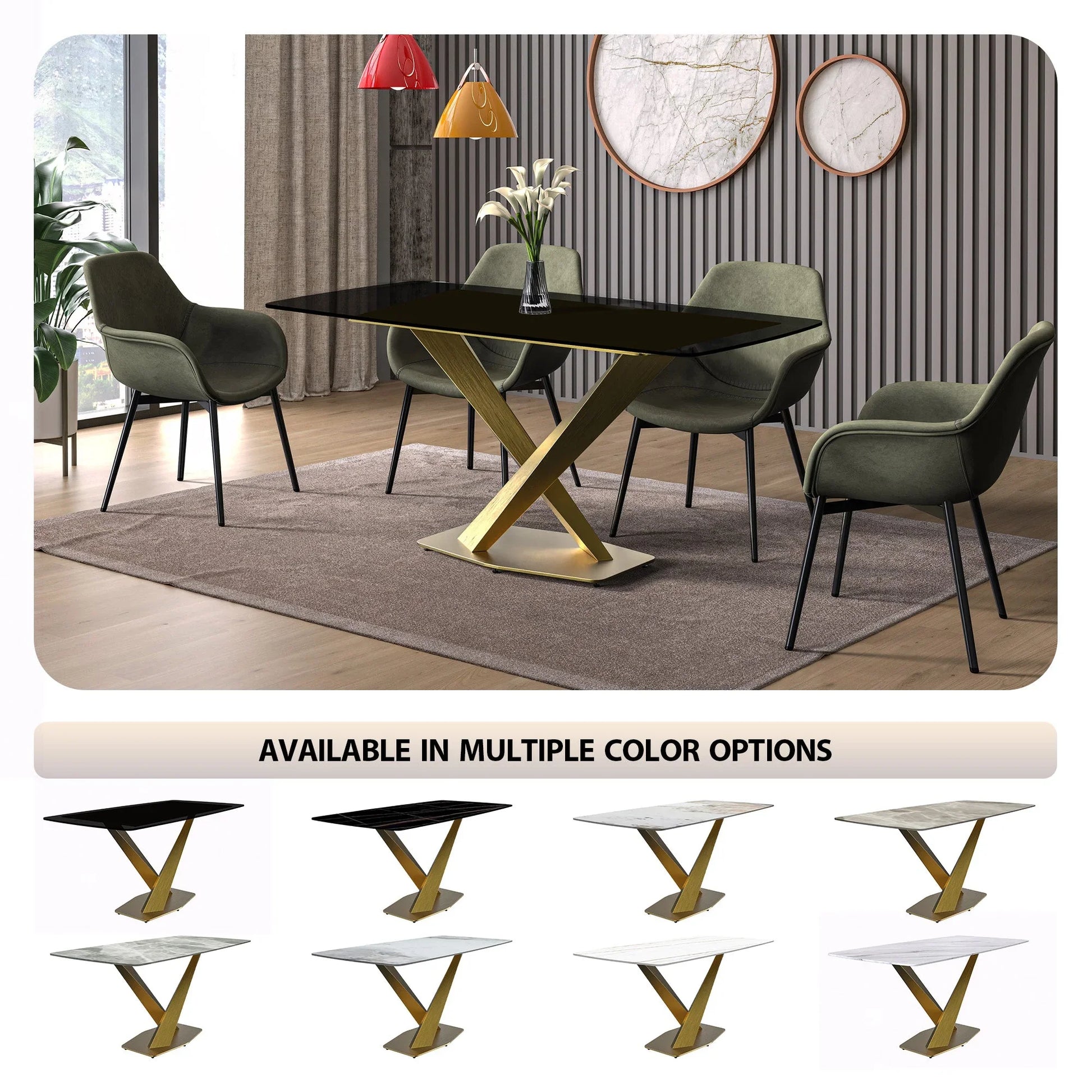 Voren Dining Table with Rectangular Tabletop with Gold/Black Stainless Steel Base - Elax Furniture